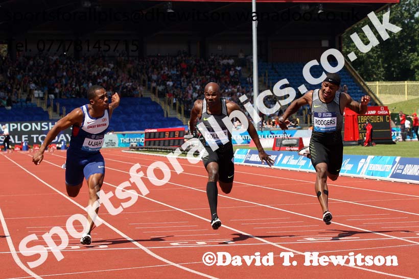 Kim Collins wins the mens 100 metres from Michael Rodgers and Chijindu Ujah, IAAF Diamond League, Birmingham. Photo: David T. Hewitson/Sports for All Pics